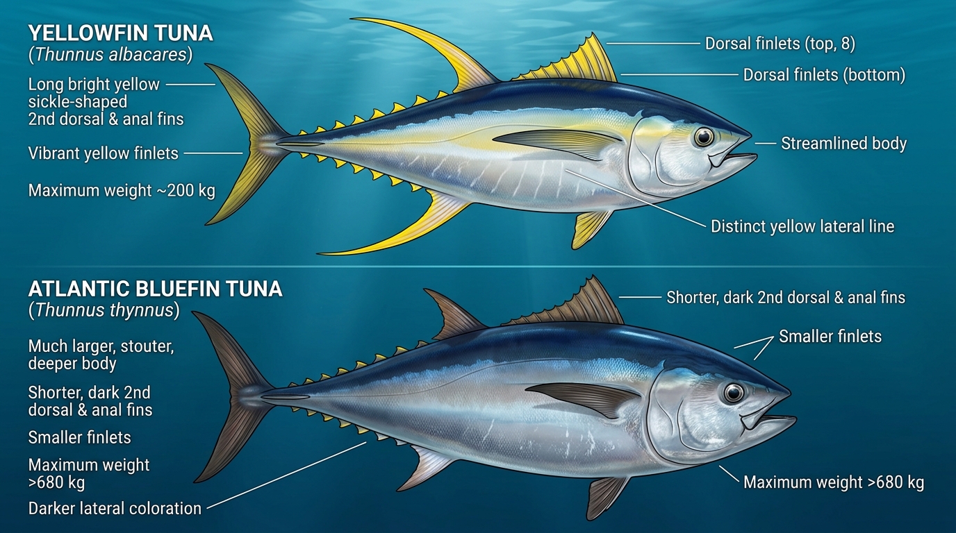 Mavi Yüzgeçli Orkinos (Thunnus thynnus) ve Sarıkanat Orkinos (Thunnus albacares) Morfolojik Karşılaştırma Şeması